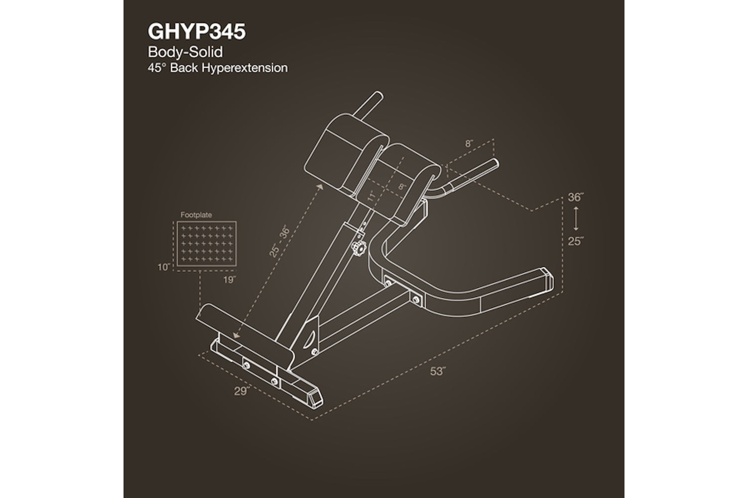 Body-Solid GHYP345 hyperextension bench with 45-degree back extension, shown with dimension measurements on dark background