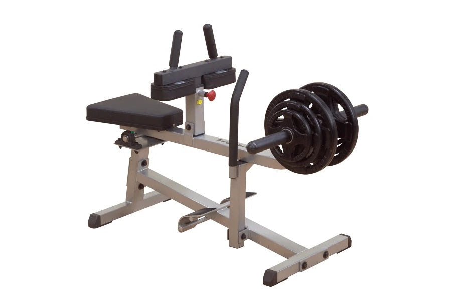 Body-Solid commercial seated calf raise machine with black padded seat, gray steel frame, curved foot plate, and black weight