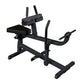 Black seated calf raise machine with padded seat, adjustable backrest, dual vertical handles with grips, and angled foot plat