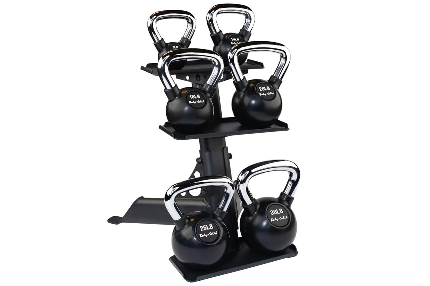 Body-Solid black kettlebell rack holding six weight kettlebells ranging from 10 to 30 pounds with chrome handles, displayed o