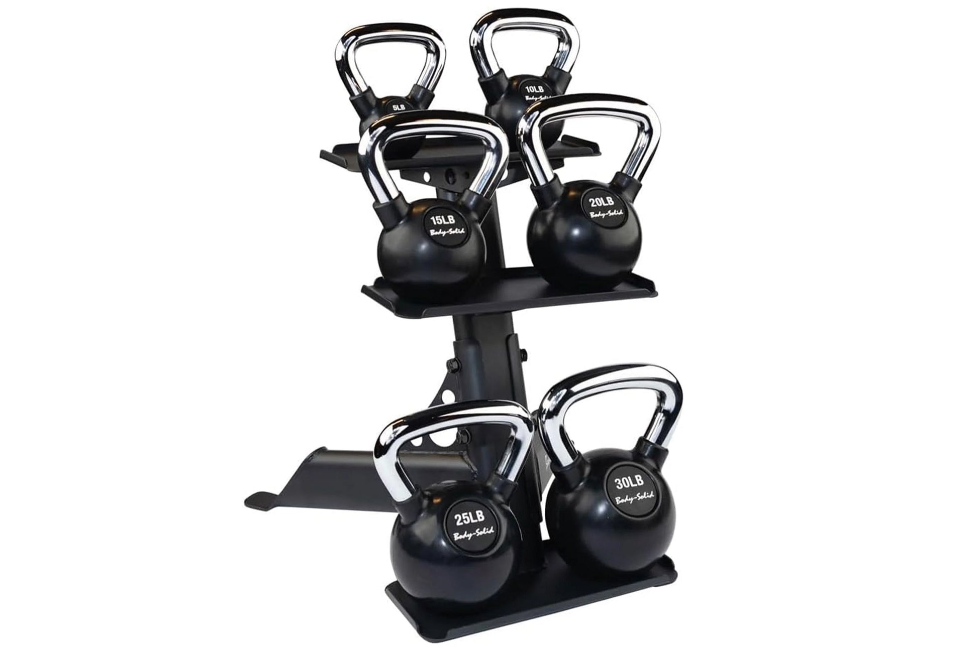 Body-Solid black kettlebell rack holding six weight kettlebells ranging from 10 to 30 pounds with chrome handles, displayed o