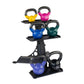 Body-Solid kettlebell rack holding six colorful kettlebells in yellow, pink, blue, teal, and black with gray handles, on whit
