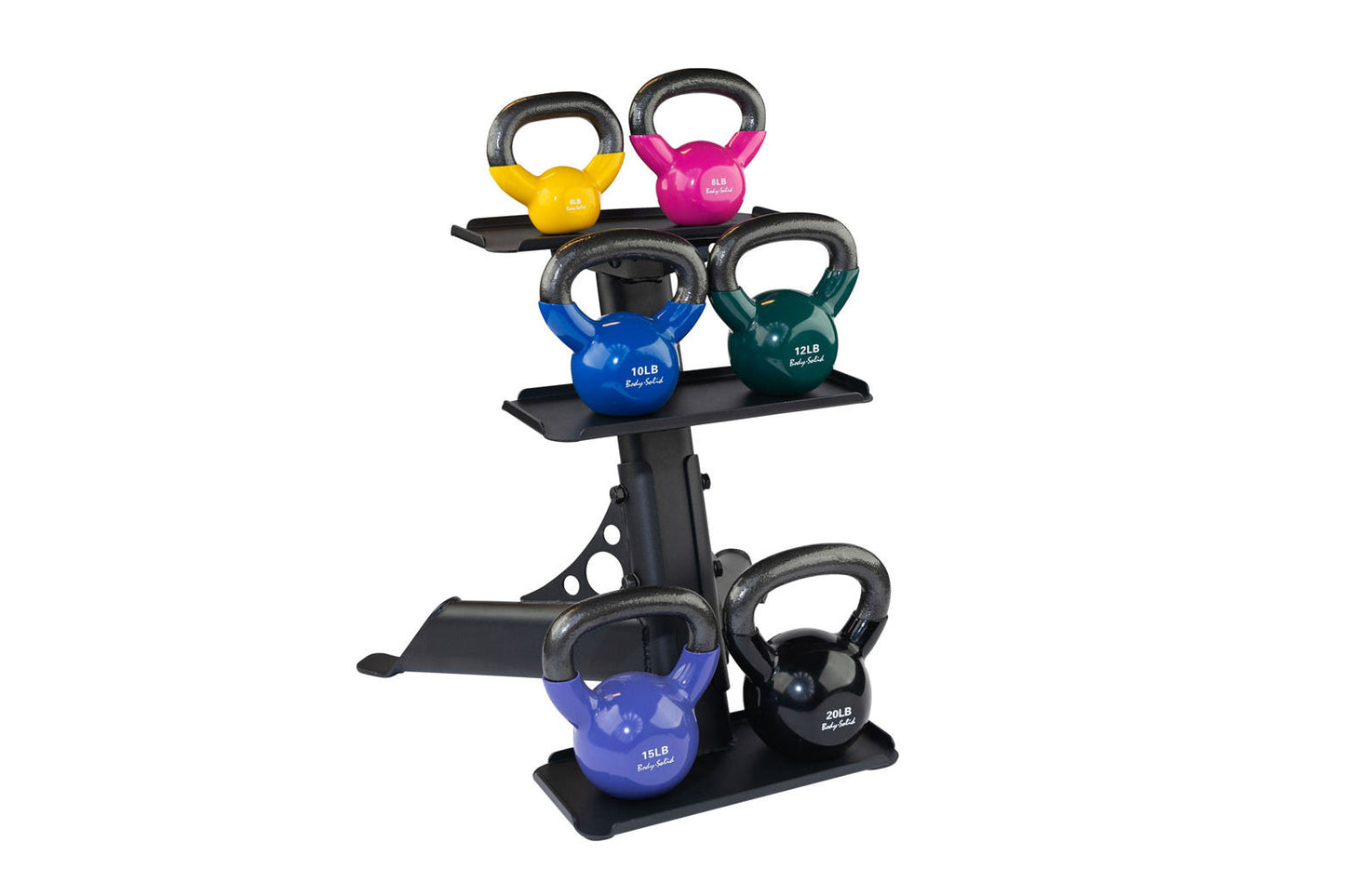 Body-Solid kettlebell rack holding six colorful kettlebells in yellow, pink, blue, teal, and black with gray handles, on whit