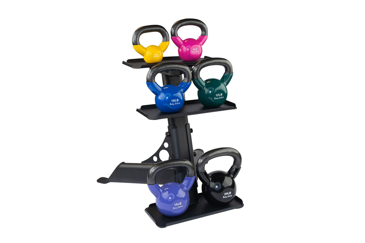 Body-Solid kettlebell rack holding six colorful kettlebells in yellow, pink, blue, teal, and black with gray handles, on whit