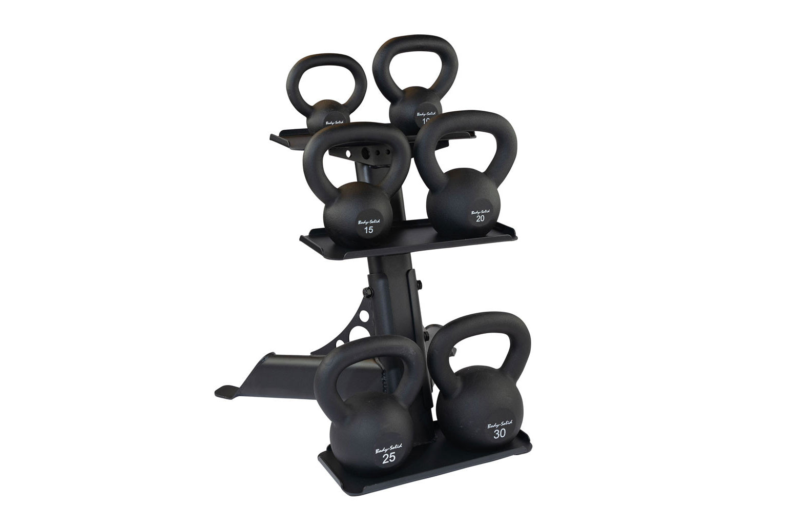 Black kettlebell rack with storage for five kettlebells ranging from 10 to 30 pounds, displayed on white background