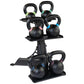 Black kettlebell rack with two tiers holding six cast iron kettlebells with colored bands in yellow, green, pink, and blue, o