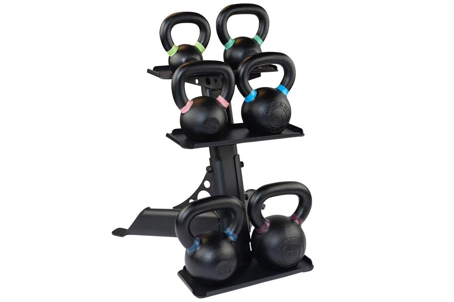 Black kettlebell rack with two tiers holding six cast iron kettlebells with colored bands in yellow, green, pink, and blue, o