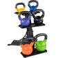 Black two-tier kettlebell rack holding colored kettlebells in yellow, blue, purple, black, orange, and green with weight mark