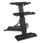 Black kettlebell and dumbbell rack with three shelves and perforated metal sides on white background