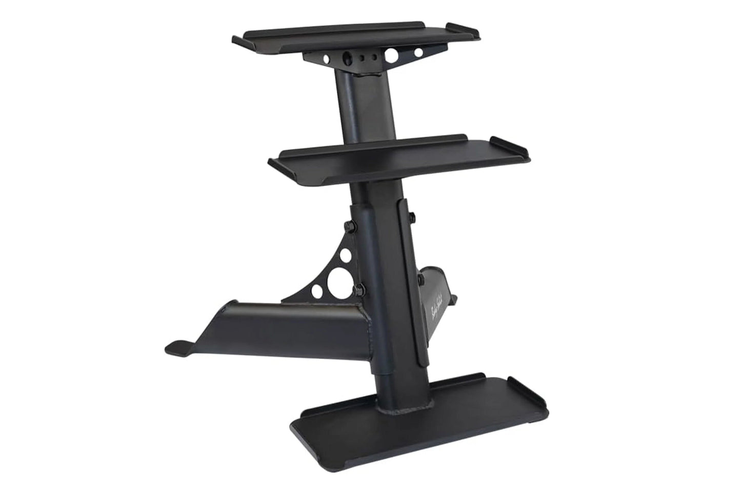 Black kettlebell and dumbbell rack with three shelves and perforated metal sides on white background