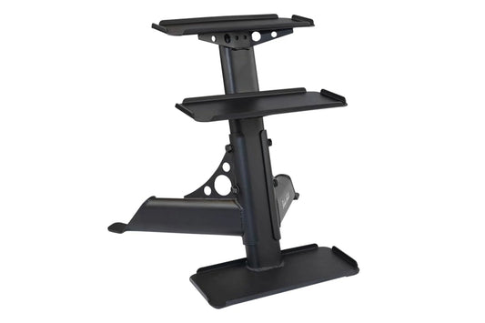 Black kettlebell and dumbbell rack with three shelves and perforated metal sides on white background