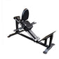Black and silver compact leg press and hack squat machine with padded seat, footplate, and circular backrest on white backgro