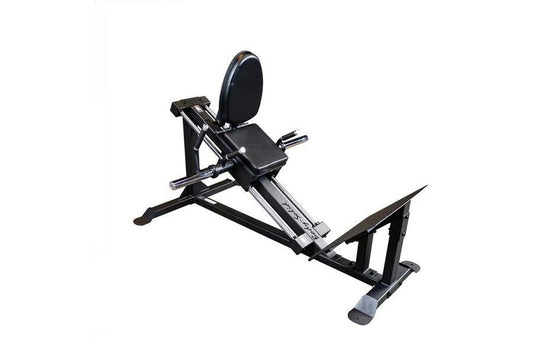 Black and silver compact leg press and hack squat machine with padded seat, footplate, and circular backrest on white backgro