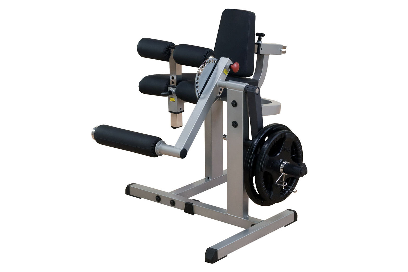 Body-Solid Cam Series Leg Extension & Curl machine with gray steel frame, black padded seats and leg attachment, weight plate