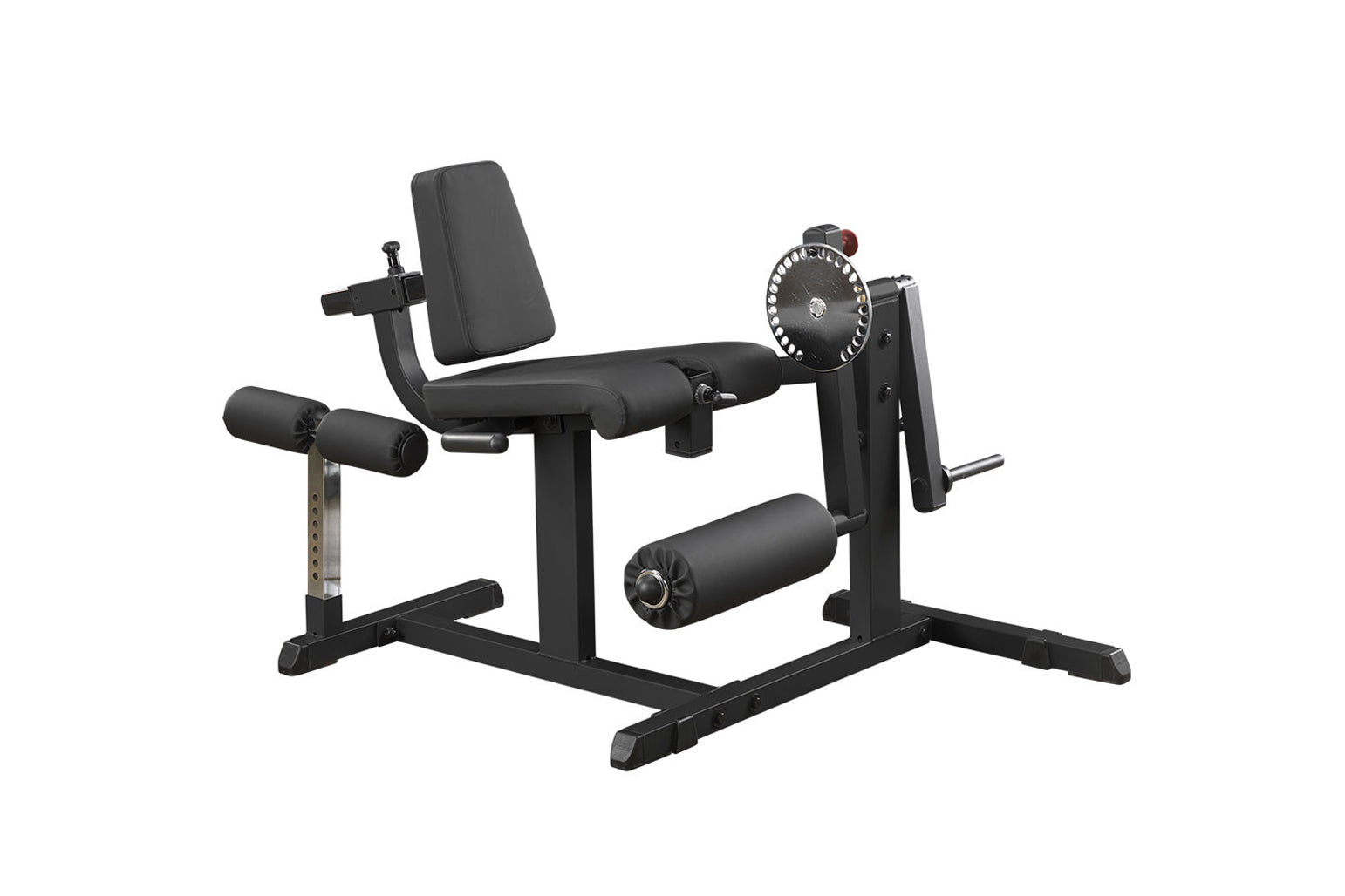 Black leg extension and curl machine with padded seat, backrest, and leg attachments on white background