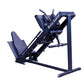 Navy blue leg press and hack squat machine with padded seat and foot platform, shown on white background