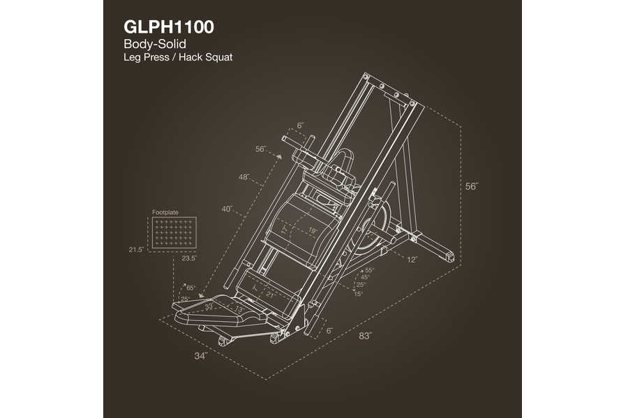 Body-Solid GLPH1100 leg press and hack squat machine with technical specifications and dimensions on dark background