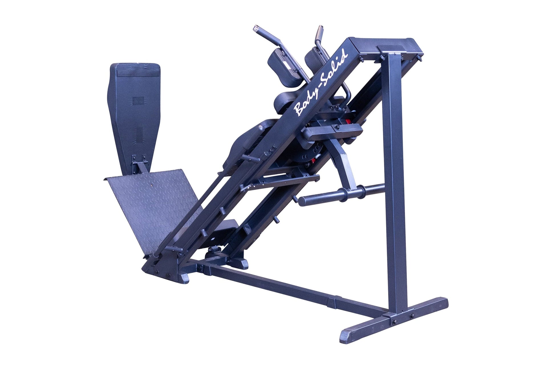 Body-Solid Leg Press Hack Squat machine in navy blue with textured footplate and adjustable handles on white background