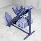 Body-Solid leg press and hack squat machine in navy blue with padded seat, dual weight plate pegs, and adjustment handles on 