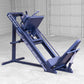 Navy blue leg press and hack squat machine with padded seat and foot platform, displayed in garage setting