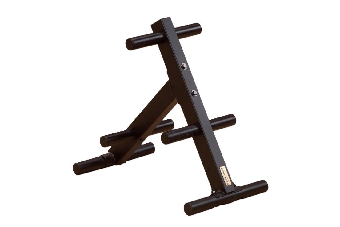 Black steel Olympic weight plate tree with angled storage bars and wide base on white background