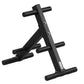 Black metal Olympic weight tree with cylindrical storage pegs and stable base on white background