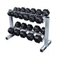 Two-tier dumbbell rack with chrome frame holding black hexagonal dumbbells on white background