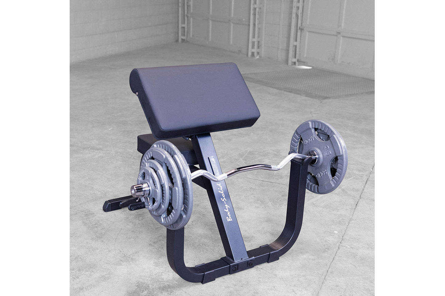 Black and blue preacher curl bench with curved pad and barbell arms, loaded with weight plates on concrete floor