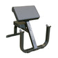Body-Solid preacher curl bench with gray padded arm rest and seat, black steel frame, adjustable backrest on white background