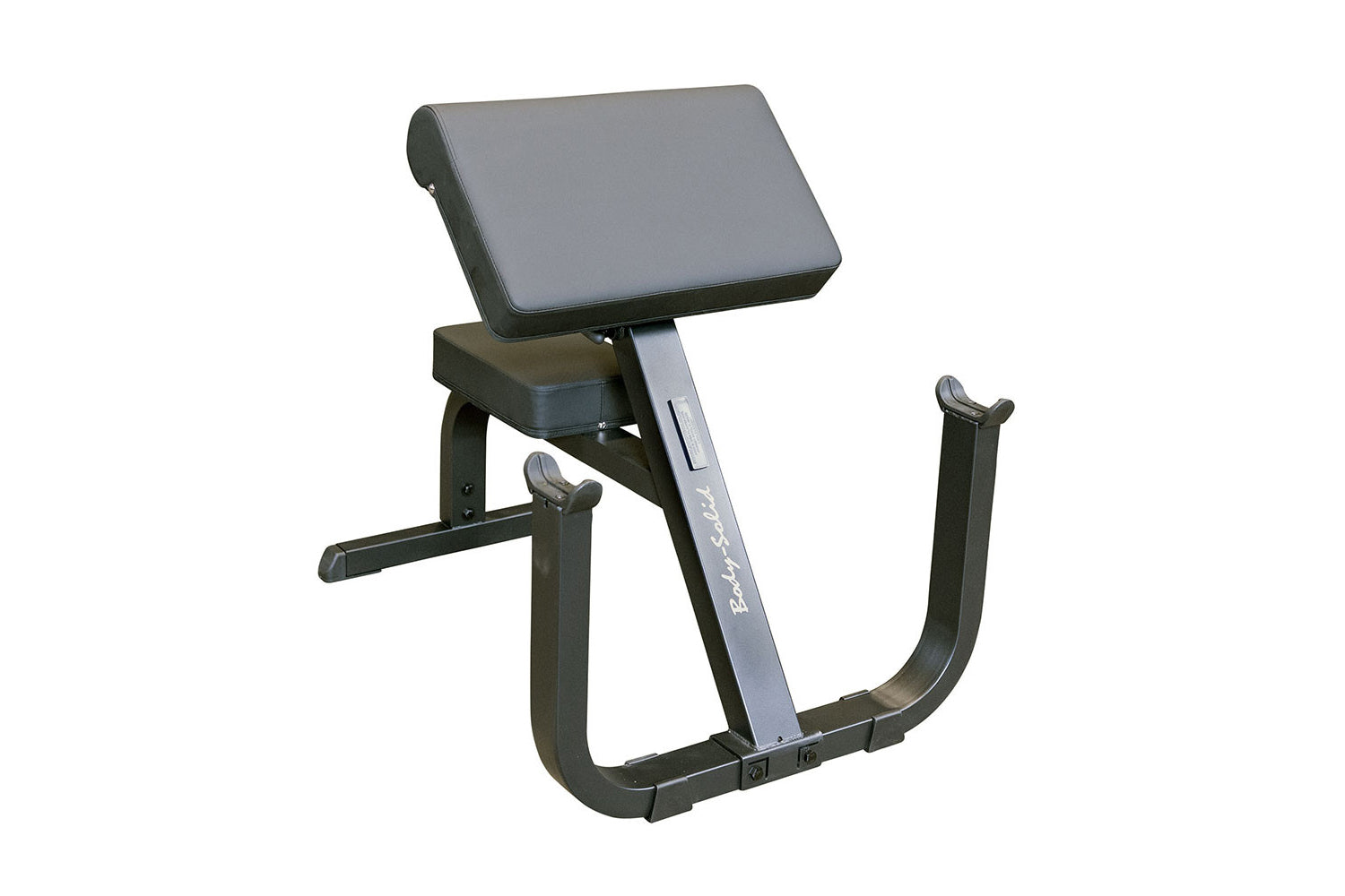 Body-Solid preacher curl bench with gray padded arm rest and seat, black steel frame, adjustable backrest on white background