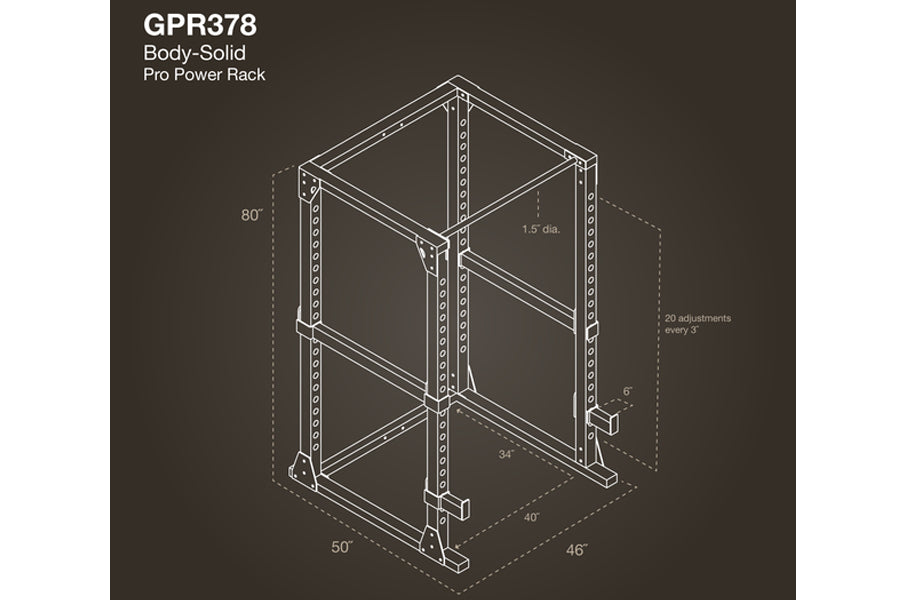 Body-Solid Pro Power Rack GPR378, steel frame with adjustable shelving, 80 inches tall, isometric technical drawing on charco