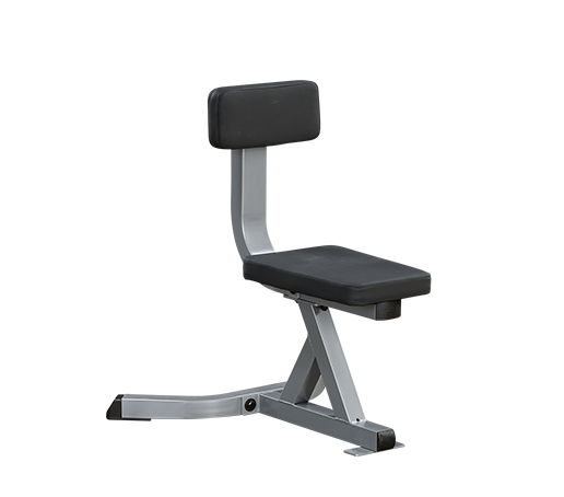 Body-Solid utility bench with black padded seat and backrest, gray metal frame, on white background