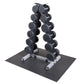 Black vertical dumbbell rack with dual A-frame design holding numbered dumbbells, gray metal base and black platform base