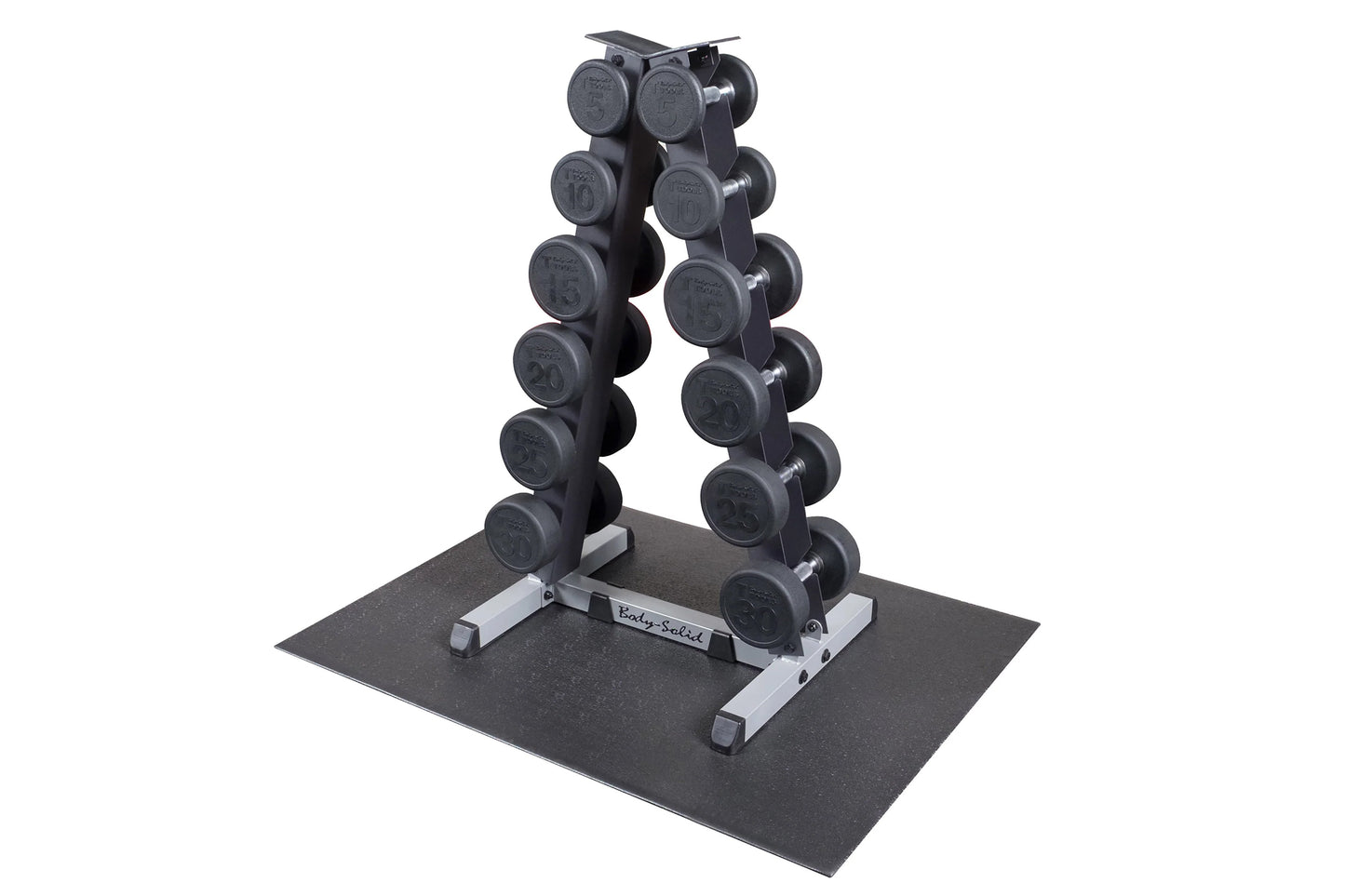 Black vertical dumbbell rack with dual A-frame design holding numbered dumbbells, gray metal base and black platform base