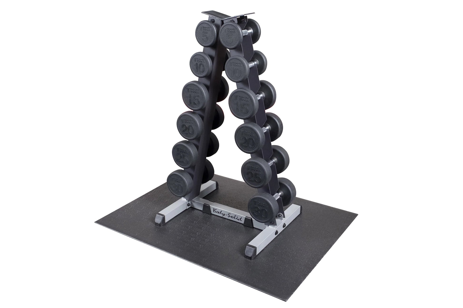 Black vertical dumbbell rack with dual A-frame design holding numbered dumbbells, gray metal base and black platform base