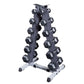 Black hexagonal dumbbells on gray vertical A-frame rack with white base, on white background