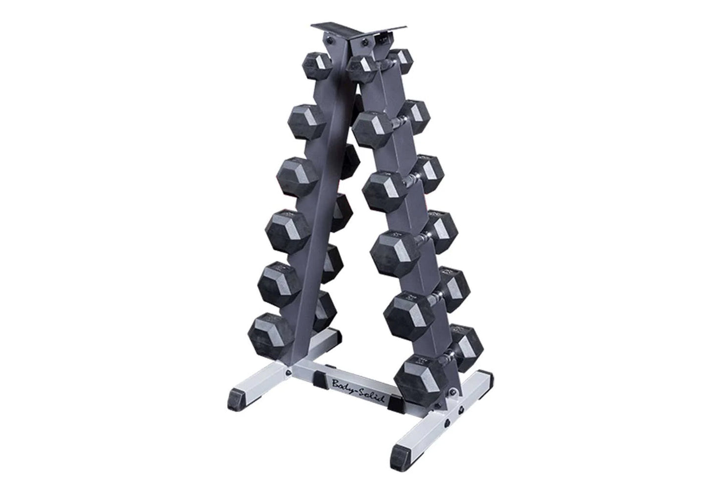 Black hexagonal dumbbells on gray vertical A-frame rack with white base, on white background