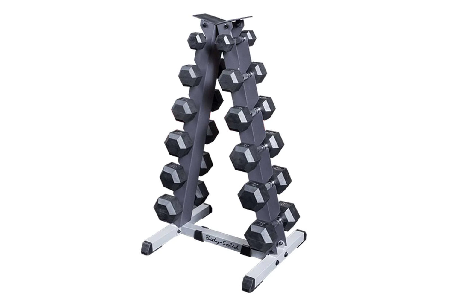 Black hexagonal dumbbells on gray vertical A-frame rack with white base, on white background