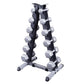 Body-Solid vertical A-frame dumbbell rack with chrome hexagon dumbbells on white background