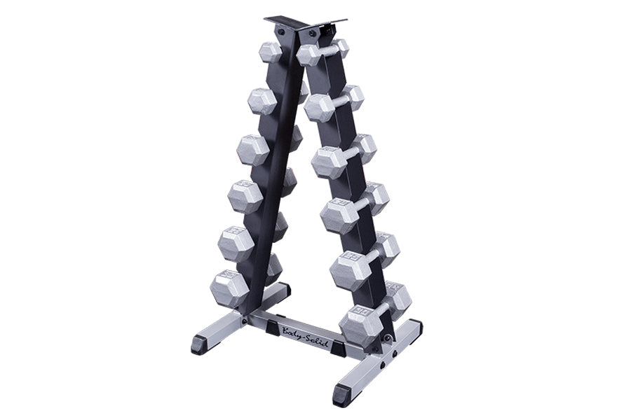 Body-Solid vertical A-frame dumbbell rack with chrome hexagon dumbbells on white background