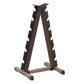 Black and gray A-frame dumbbell rack with scalloped slots for storing dumbbells, on white background