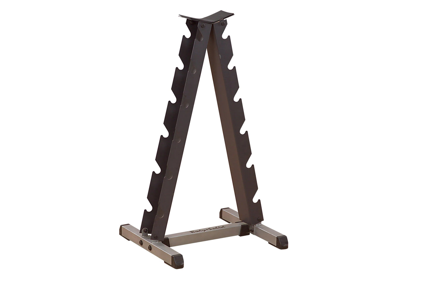 Black and gray A-frame dumbbell rack with scalloped slots for storing dumbbells, on white background