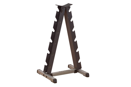 Black and gray A-frame dumbbell rack with scalloped slots for storing dumbbells, on white background