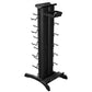 Black vertical dumbbell storage rack with multiple curved hooks, pull-out tray, and wide base on white background