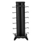Black vertical dumbbell storage rack with six curved hooks on each side, cylindrical center column, and wide base on white ba