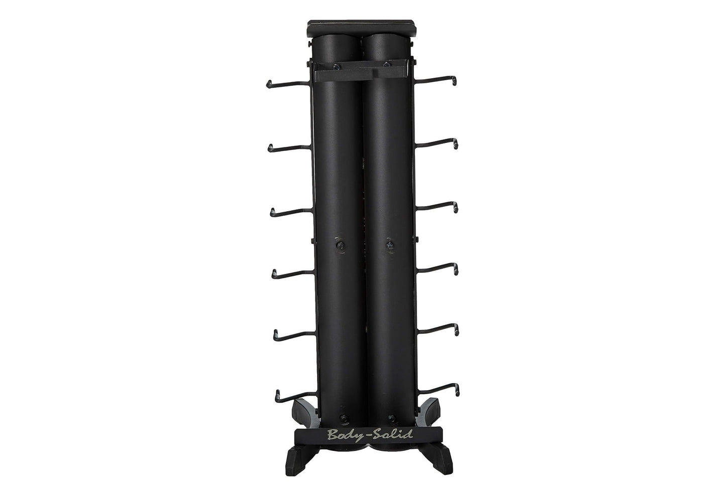 Black vertical dumbbell storage rack with six curved hooks on each side, cylindrical center column, and wide base on white ba
