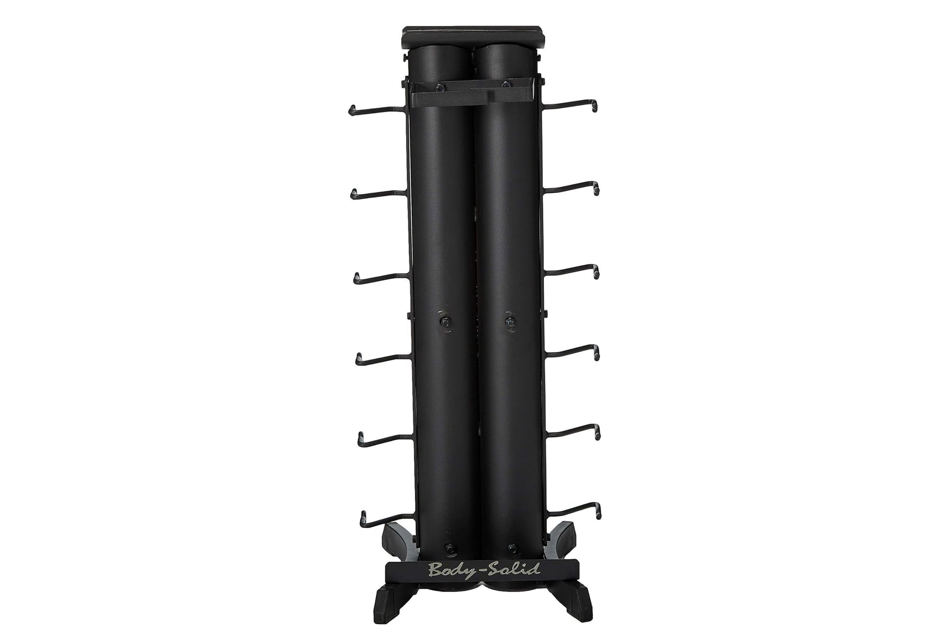 Black vertical dumbbell storage rack with six curved hooks on each side, cylindrical center column, and wide base on white ba