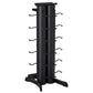 Black vertical dumbbell storage rack with dual cylindrical towers, multiple hooks on sides, and wide base on white background