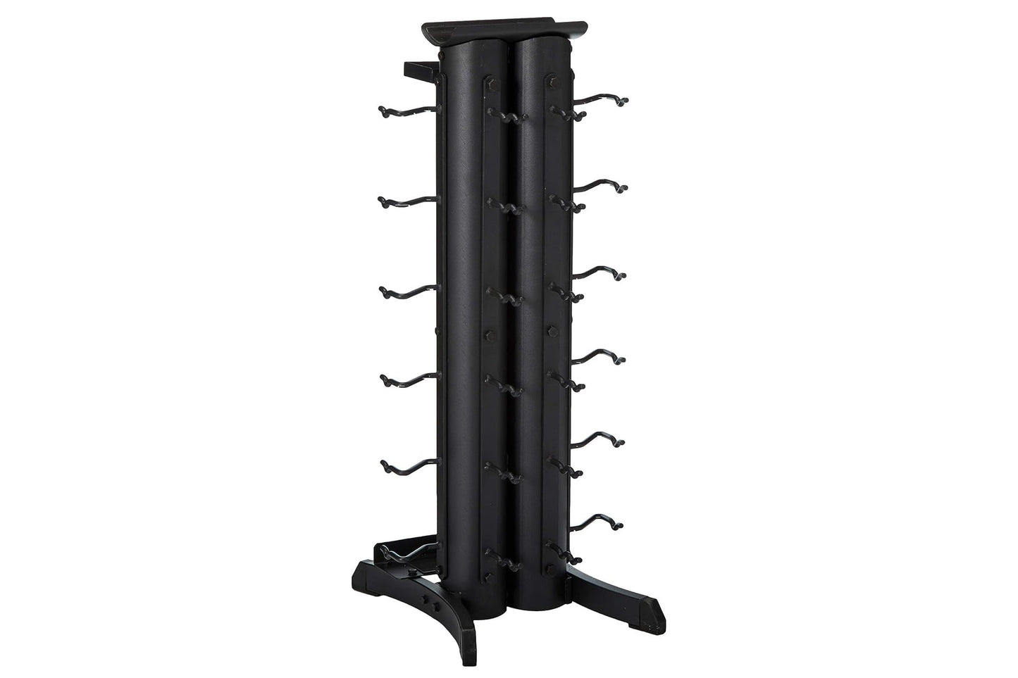 Black vertical dumbbell storage rack with dual cylindrical towers, multiple hooks on sides, and wide base on white background