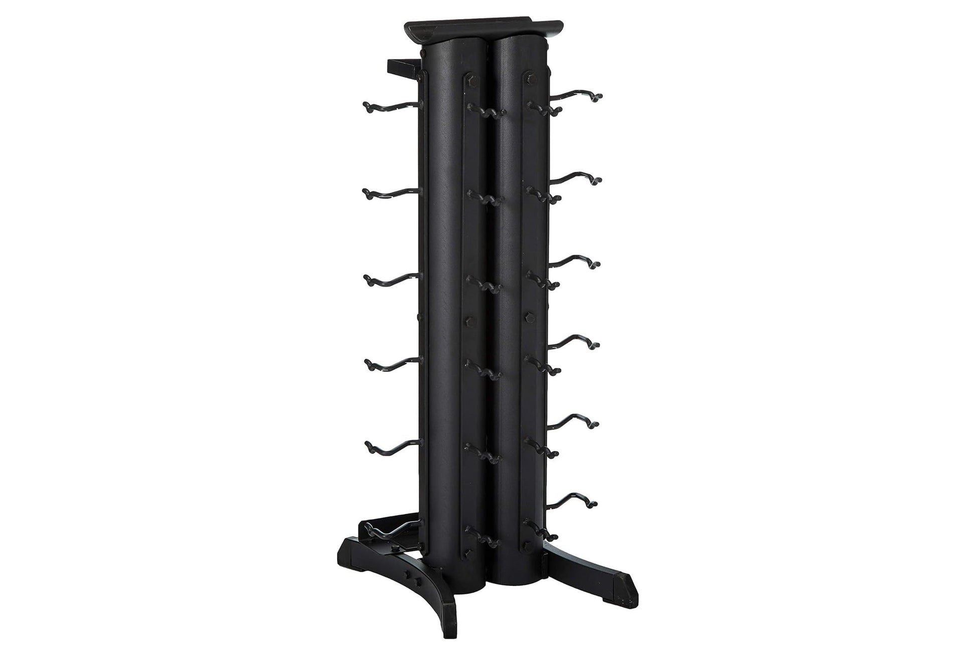 Black vertical dumbbell storage rack with dual cylindrical towers, multiple hooks on sides, and wide base on white background